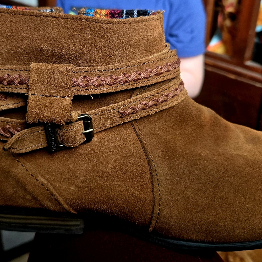 Minnetonka Tan Suede Ankle Boot with Multicolor Trim